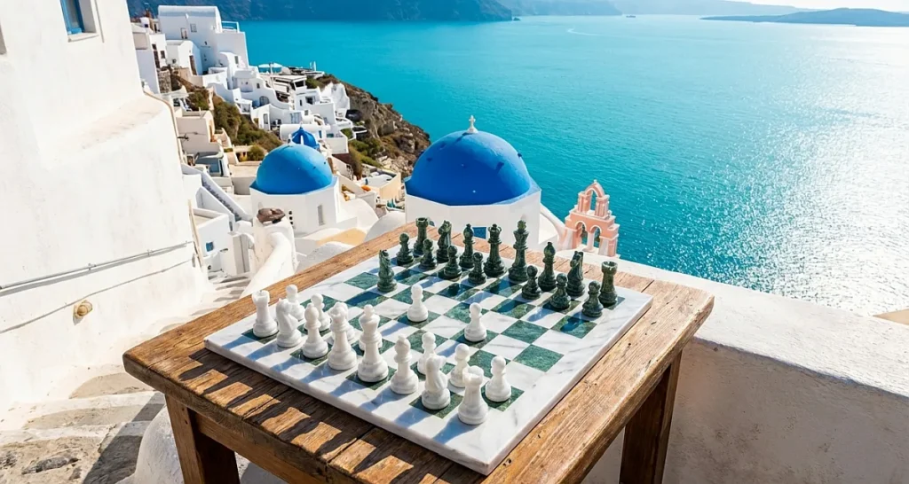 Aegean balcony chessboard over blue seas